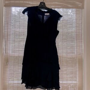 Parker navy blue cap sleeve v-neck ruffle silk dress.